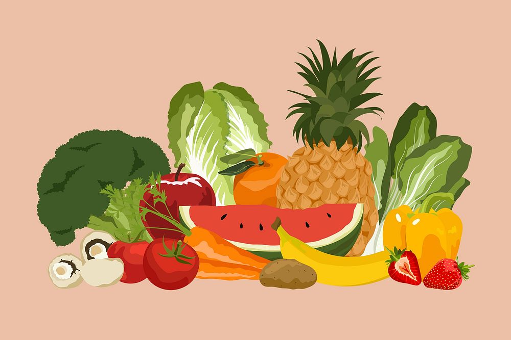 Healthy vegetables and fruits collage element, realistic illustration vector