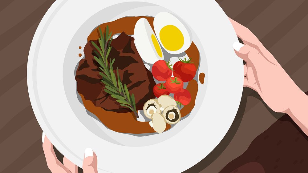 Steak dinner desktop wallpaper, realistic illustration