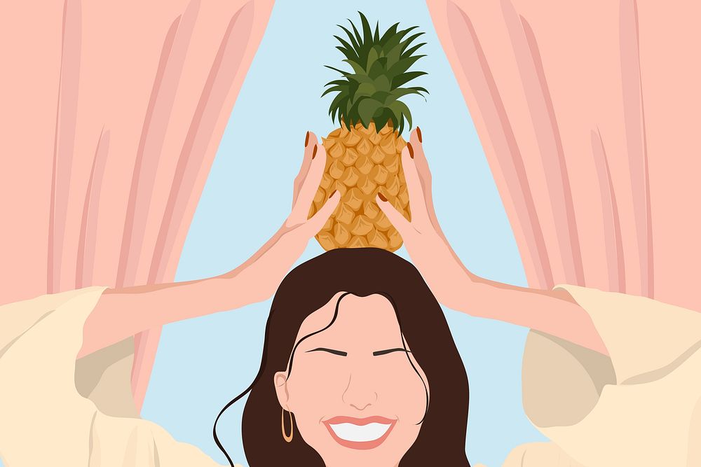 Happy woman background with pineapple, aesthetic illustration psd