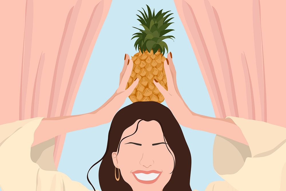 Happy woman background with pineapple, aesthetic vector illustration
