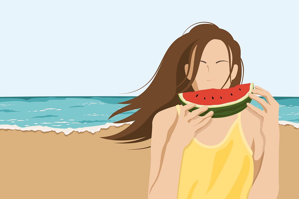 Woman eating watermelon, aesthetic illustration