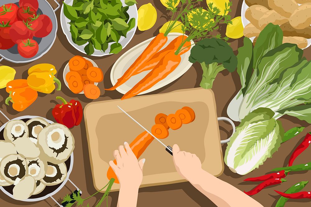 Fresh vegetables background, vegan cooking, aesthetic illustration psd