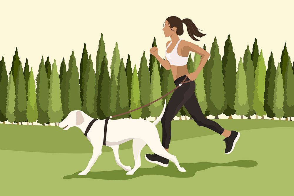Woman running with dog background, aesthetic illustration psd