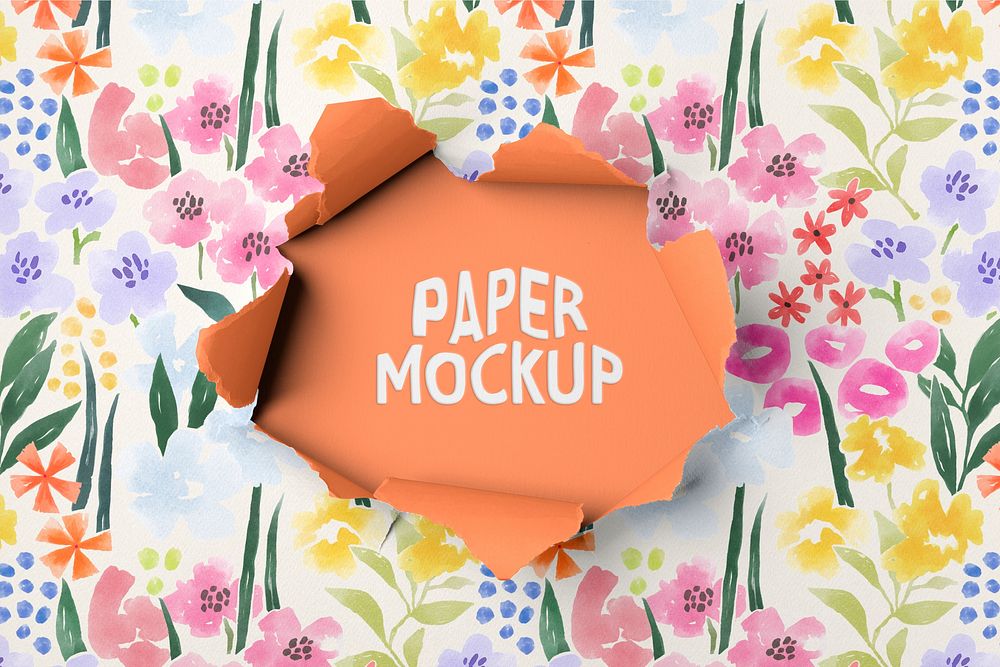Ripped paper mockup, watercolor flower pattern psd