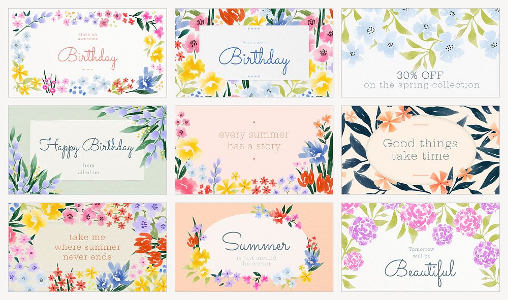 Aesthetic watercolor flower template set psd