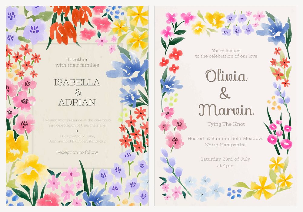 Watercolor flower wedding invitation template set vector