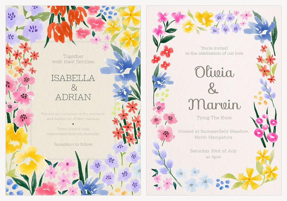 Watercolor flower wedding invitation template set psd