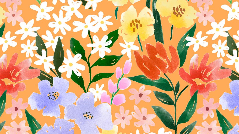 Orange watercolor flower desktop wallpaper, hand painted summer design