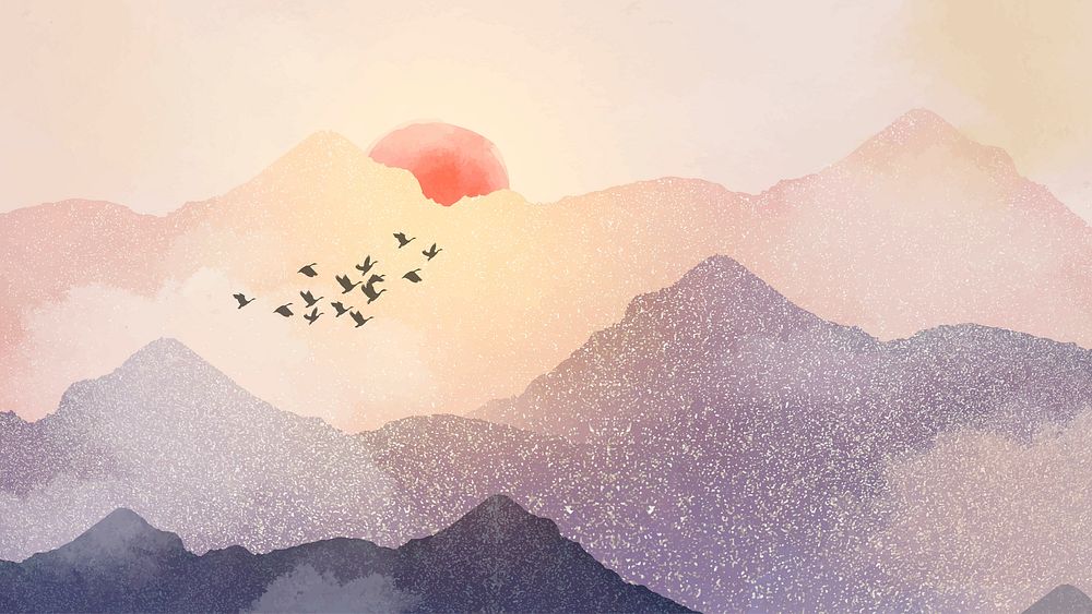 Landscape sunset desktop wallpaper, mountain watercolor border background vector