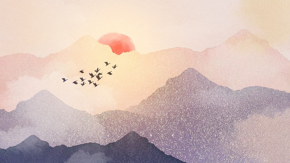 Landscape sunset desktop wallpaper, mountain watercolor border background