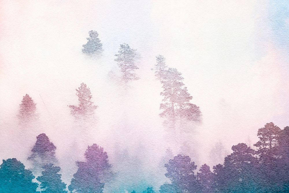 Purple forest background, foggy nature watercolor design psd