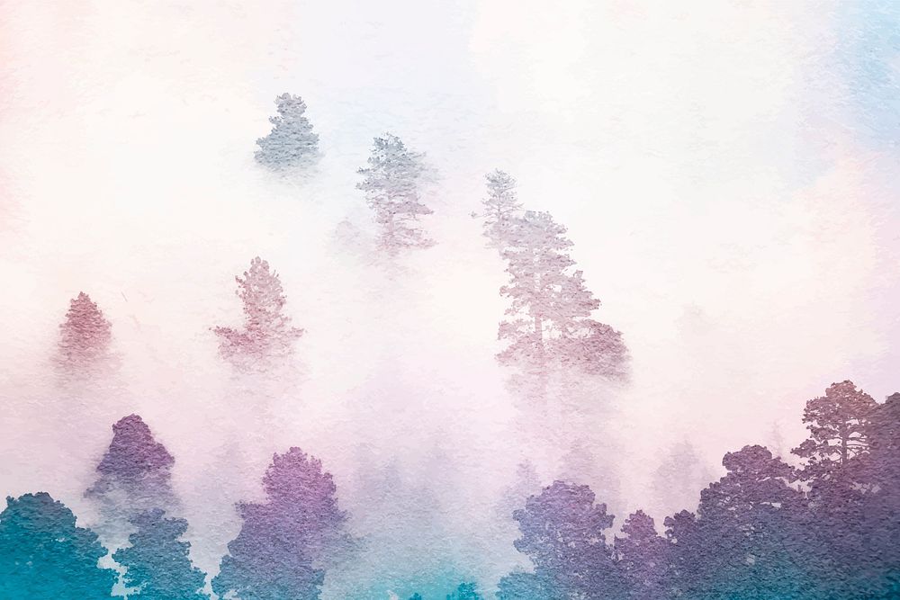 Purple forest background, foggy nature watercolor design vector