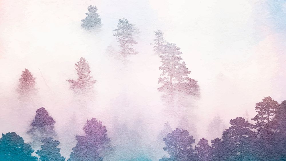 Purple forest computer wallpaper, foggy nature watercolor HD background vector