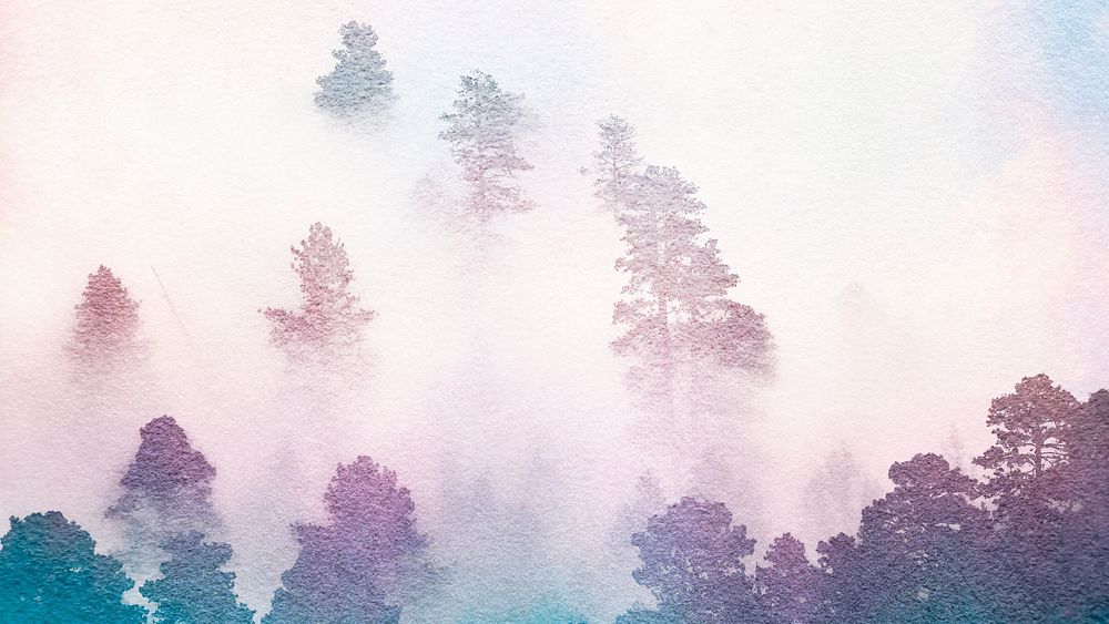 Purple forest computer wallpaper, foggy nature watercolor HD background