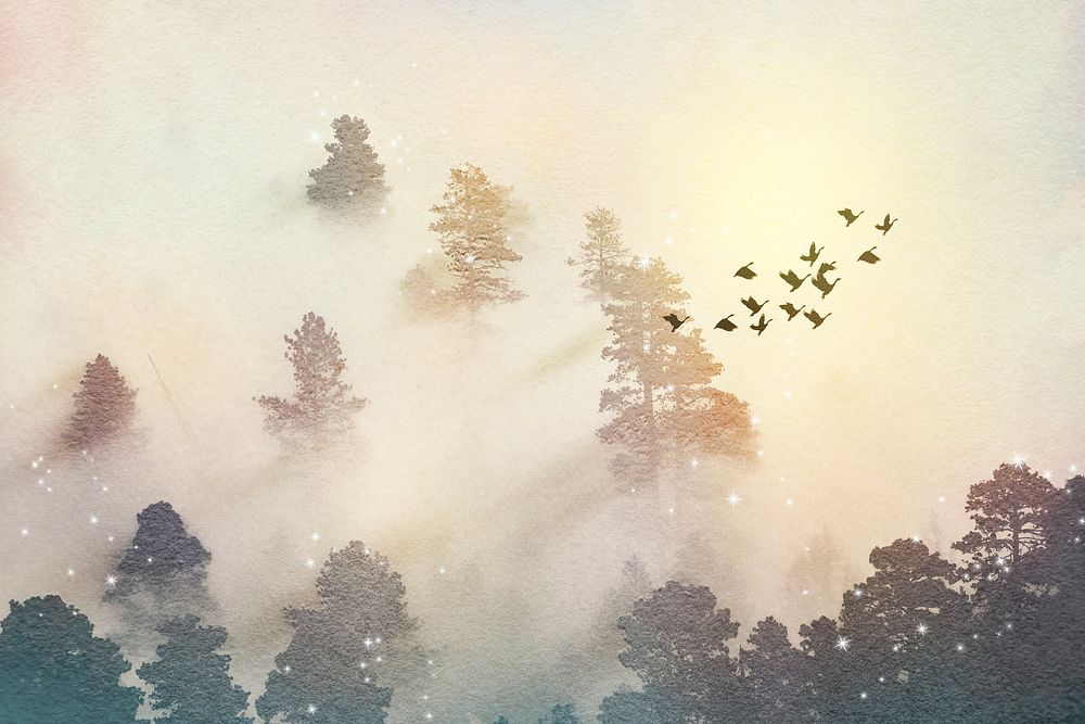 Glitter forest background, nature watercolor design