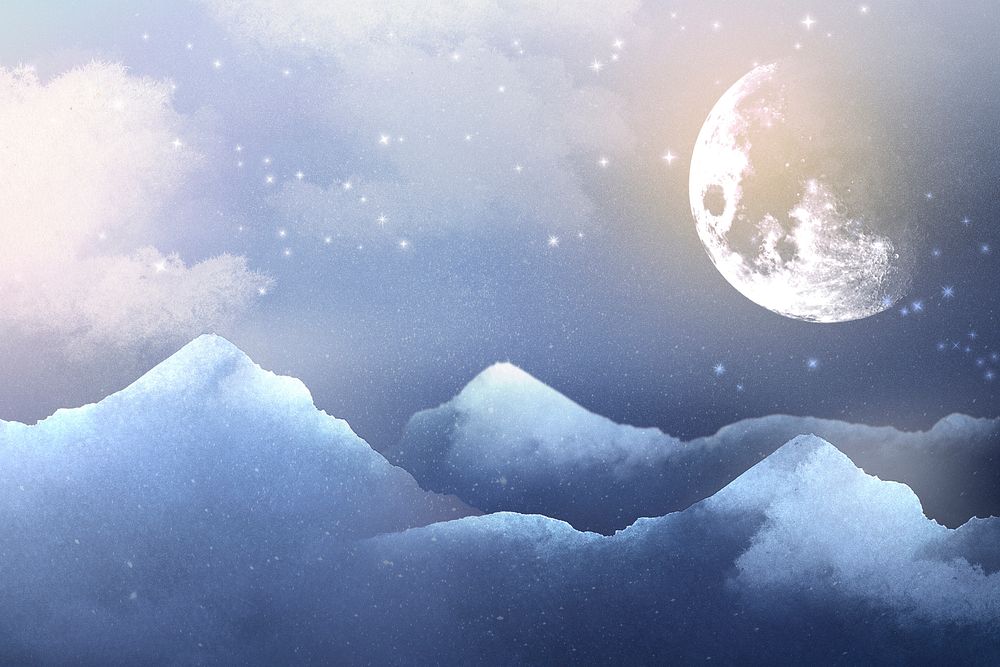Winter full moon background, blue watercolor sky illustration psd