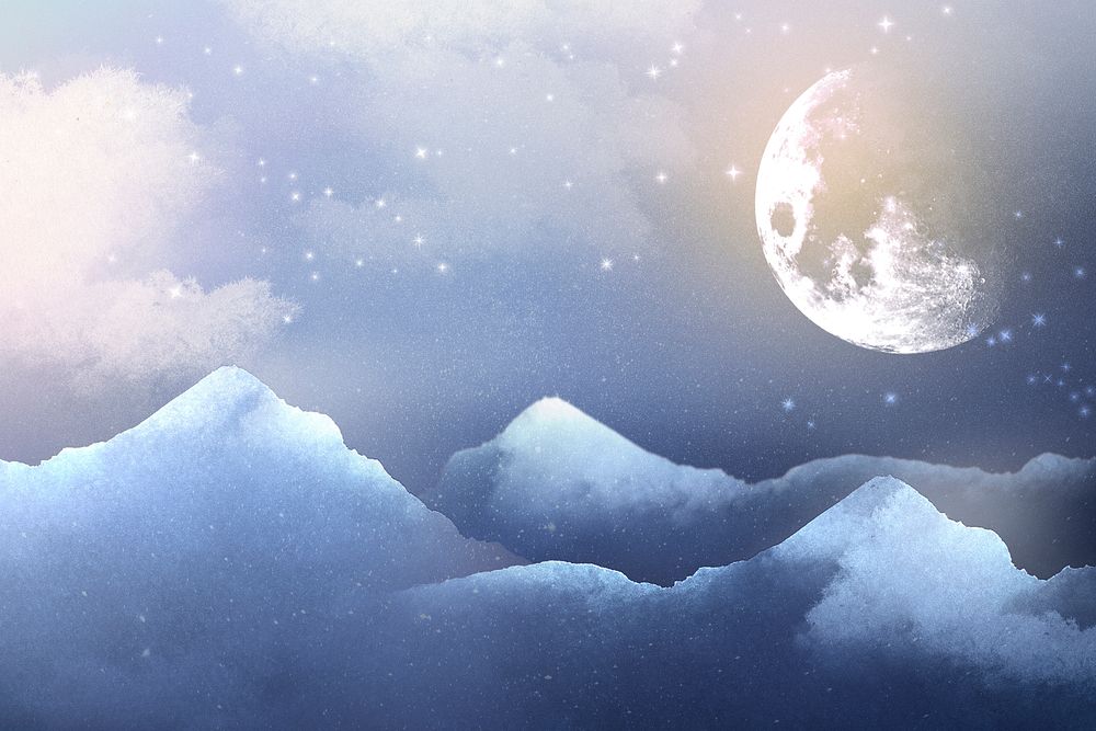 Winter full moon background, blue watercolor sky illustration