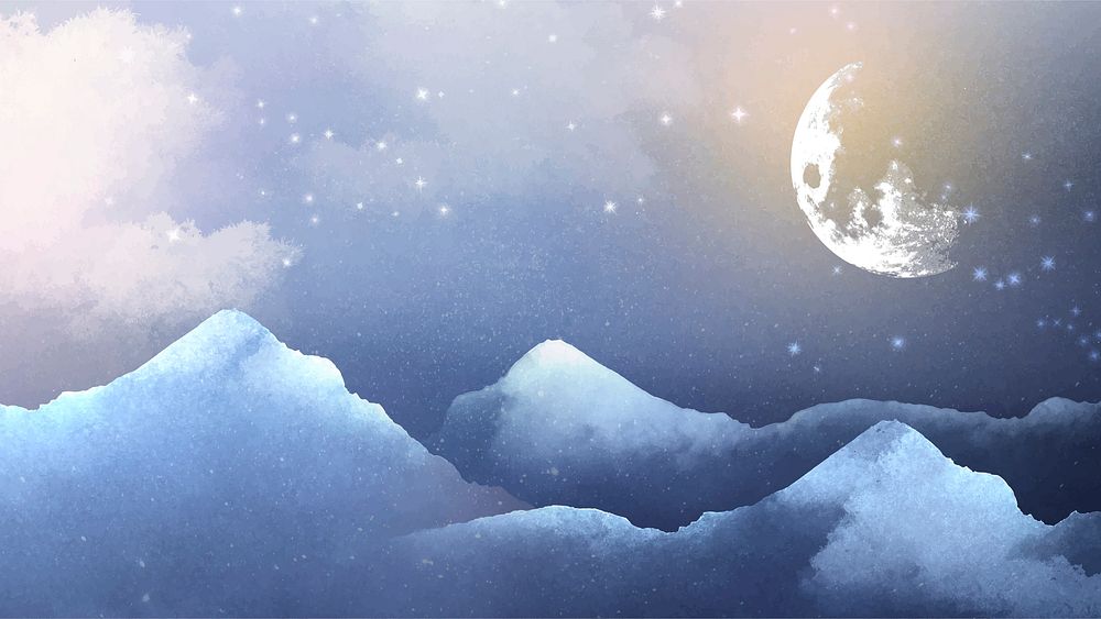 Winter full moon desktop wallpaper, blue watercolor sky background vector