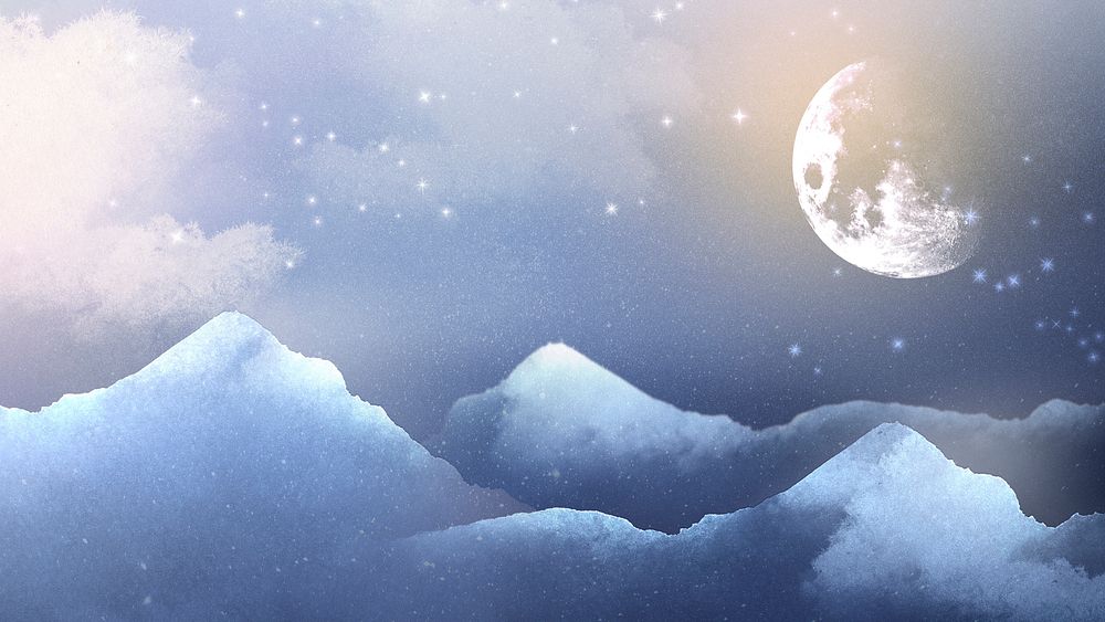Winter full moon desktop wallpaper, blue watercolor sky background