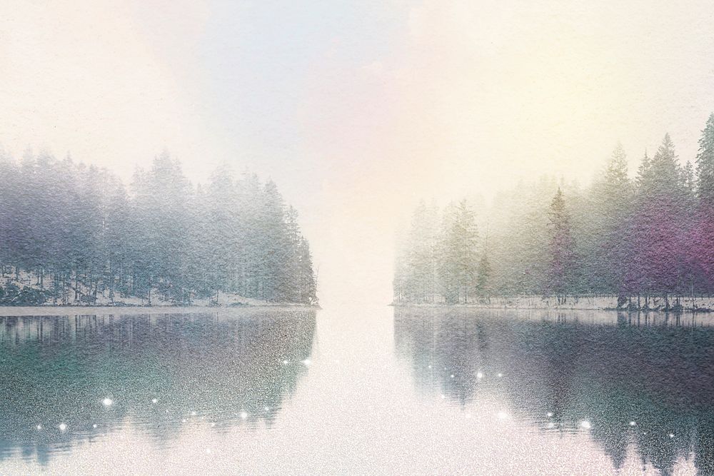 Lake forest landscape background, watercolor nature illustration