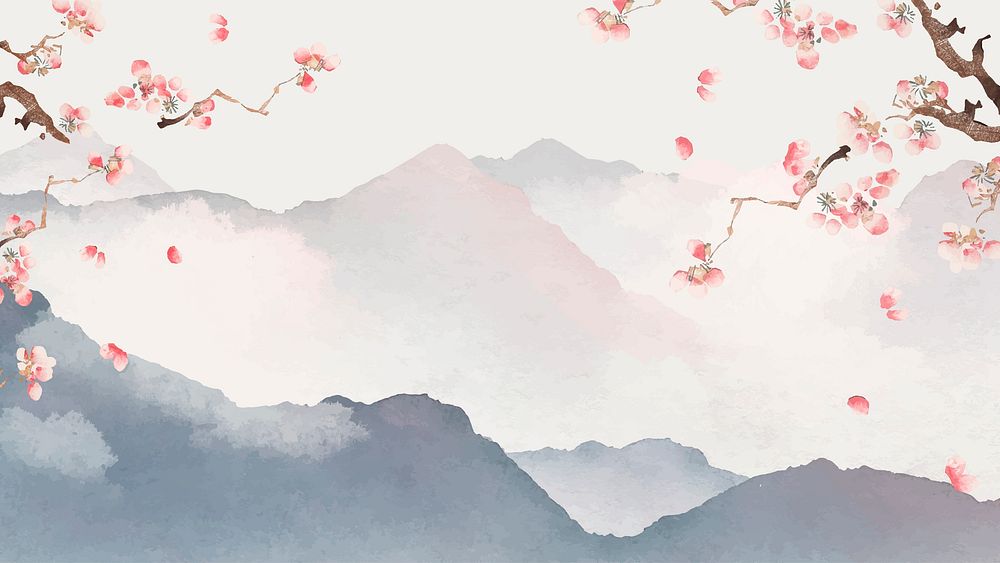 Japanese floral desktop wallpaper, watercolor mountain landscape background vector