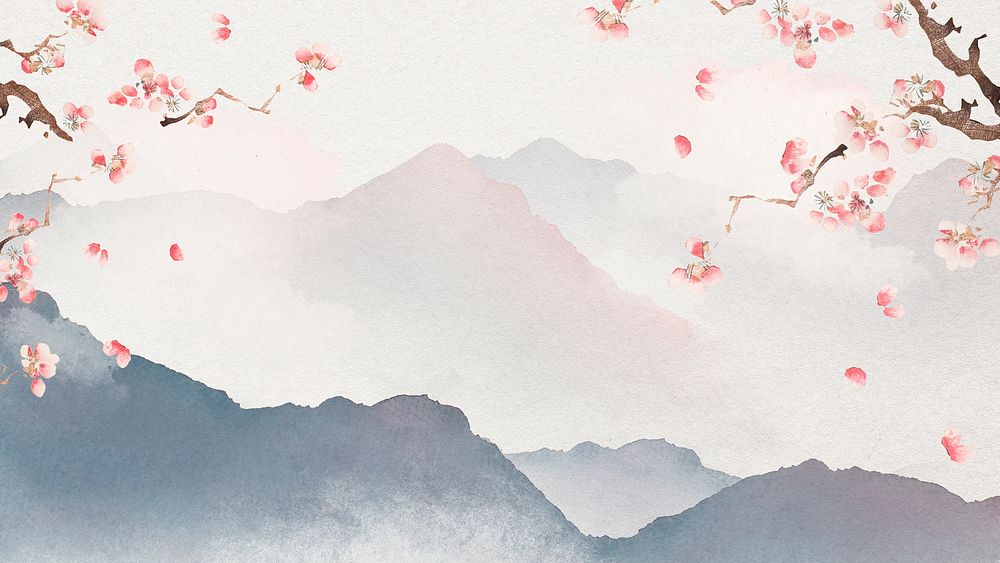 Japanese floral desktop wallpaper, watercolor mountain landscape background