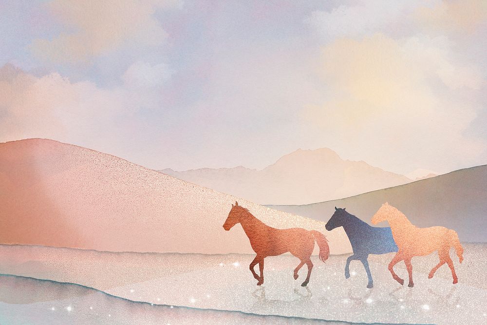 Watercolor horse, nature background, beach aesthetic design