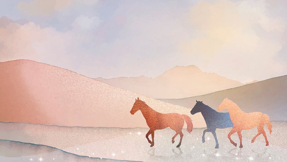 Watercolor horse, nature computer wallpaper, beach aesthetic HD background vector