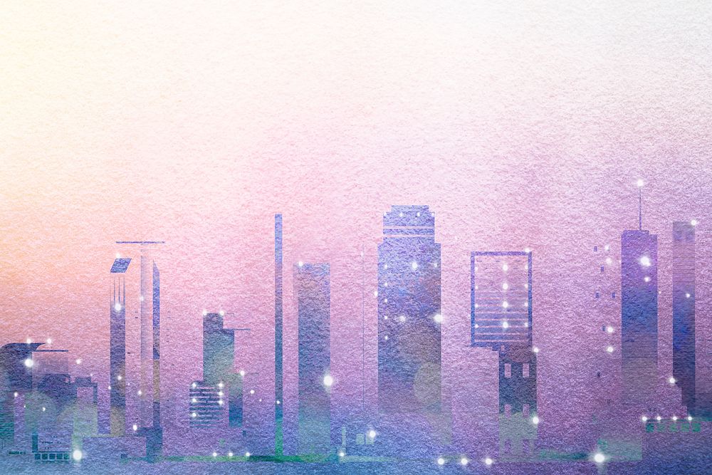 Purple skyline background, watercolor city border