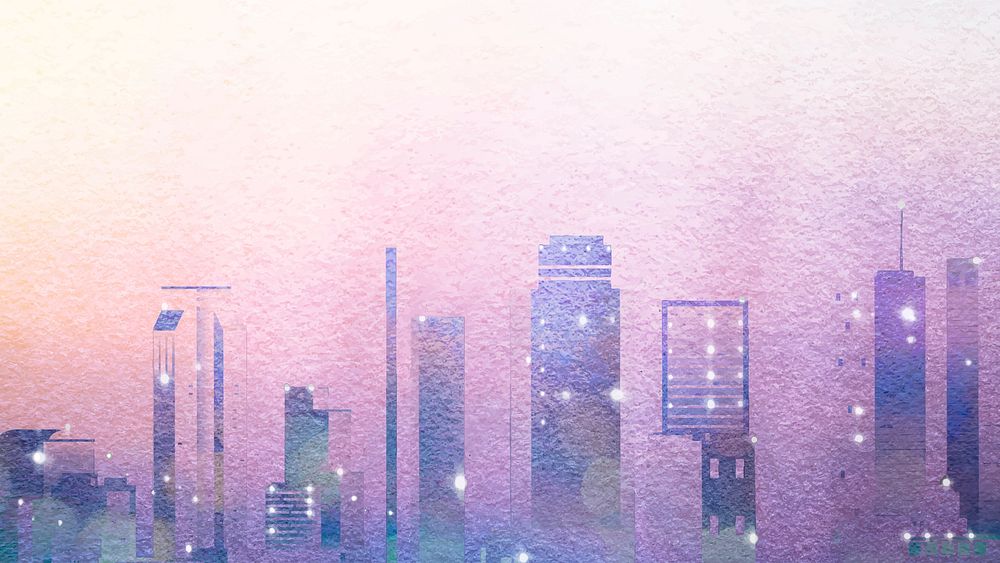 Purple skyline desktop wallpaper, watercolor city HD background vector