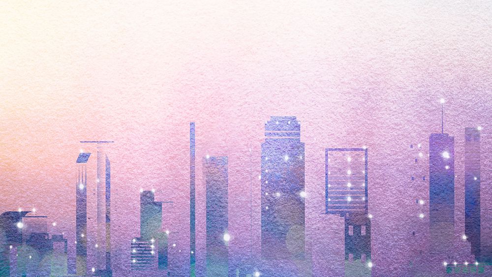 Purple skyline desktop wallpaper, watercolor city HD background