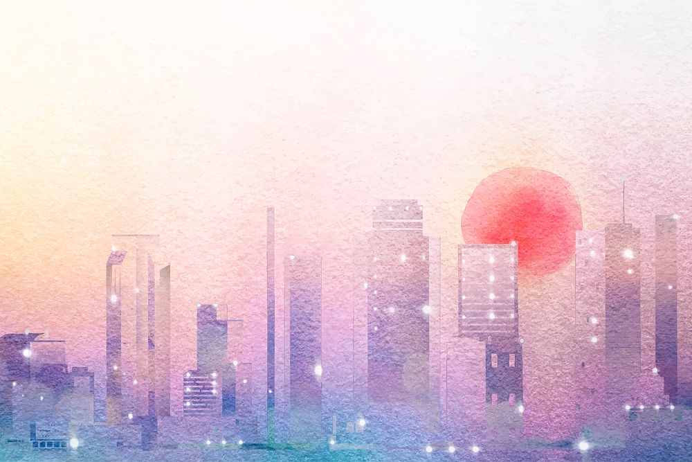 City sunset background, watercolor aesthetic border vector