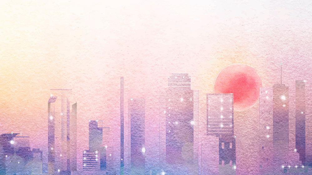 City sunset computer wallpaper, watercolor aesthetic background vector