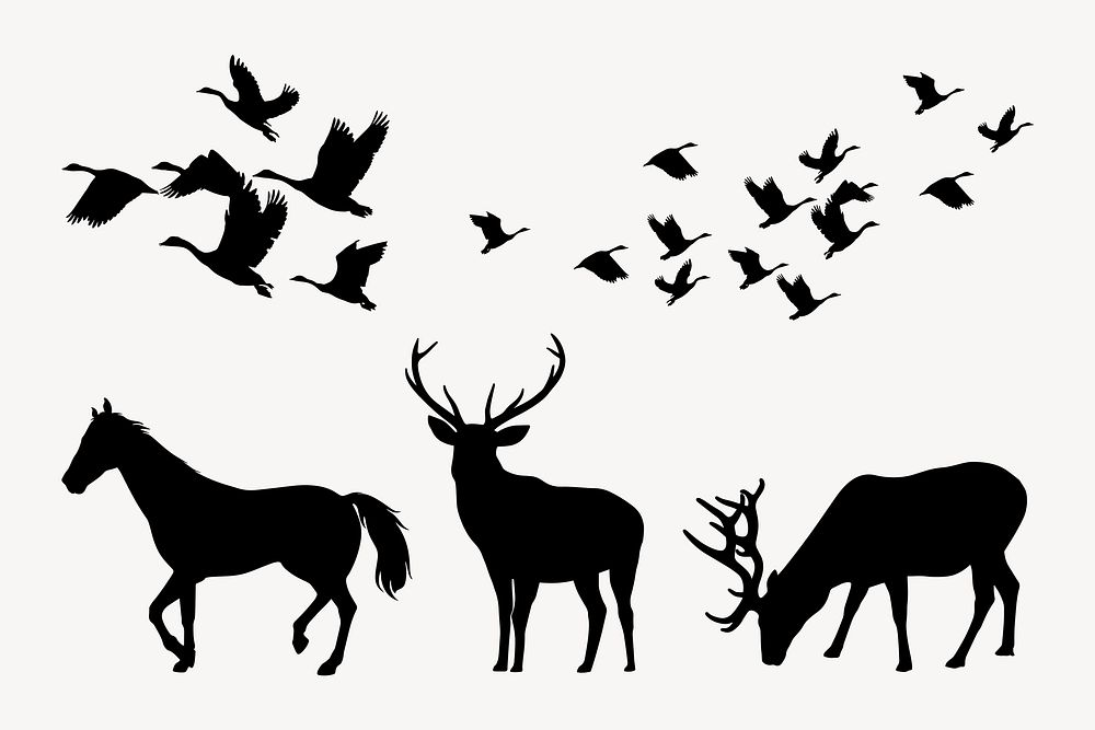 Wild animals silhouette sticker, black illustration set psd