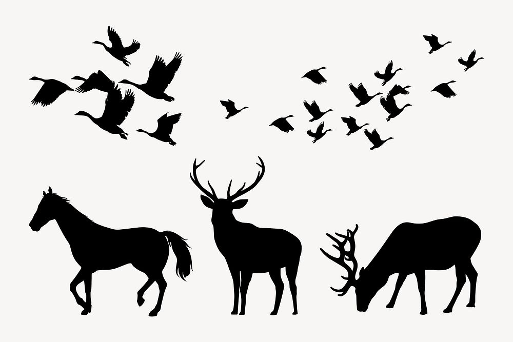 Wild animals silhouette sticker, black illustration set vector