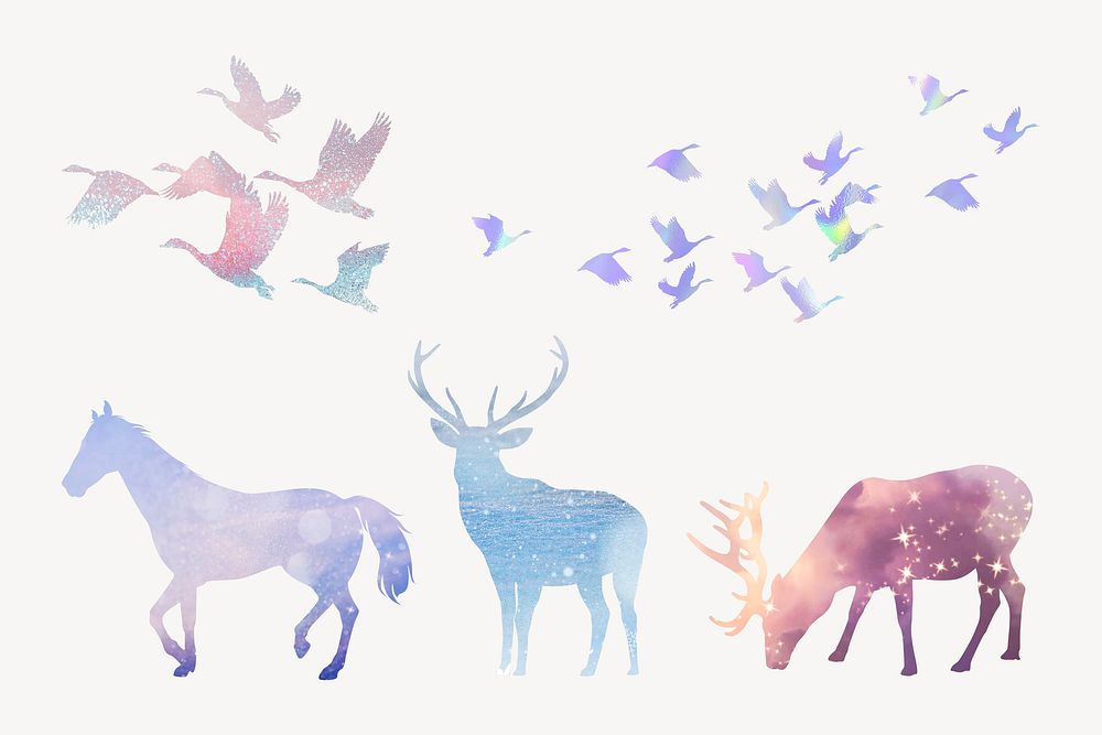 Aesthetic animal silhouette sticker, wildlife illustration set psd