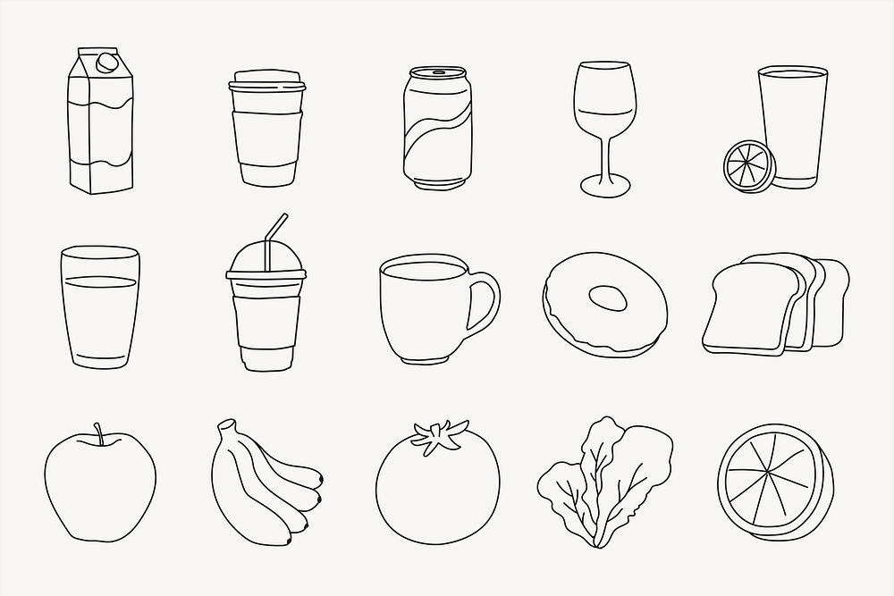 Food, beverages sticker, doodle line art psd set