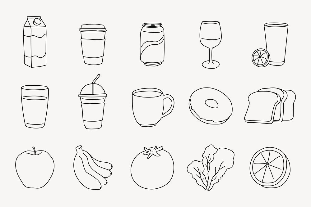 Food, beverages clipart, doodle line art vector set