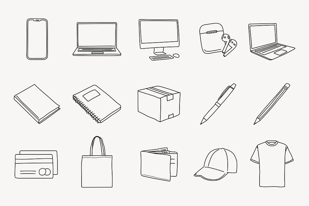 Digital device, stationery clipart, line art doodle vector set