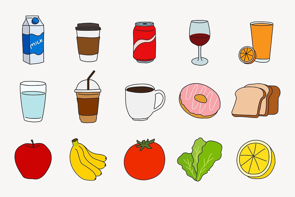 Colorful food, beverages clipart, cute doodle vector set