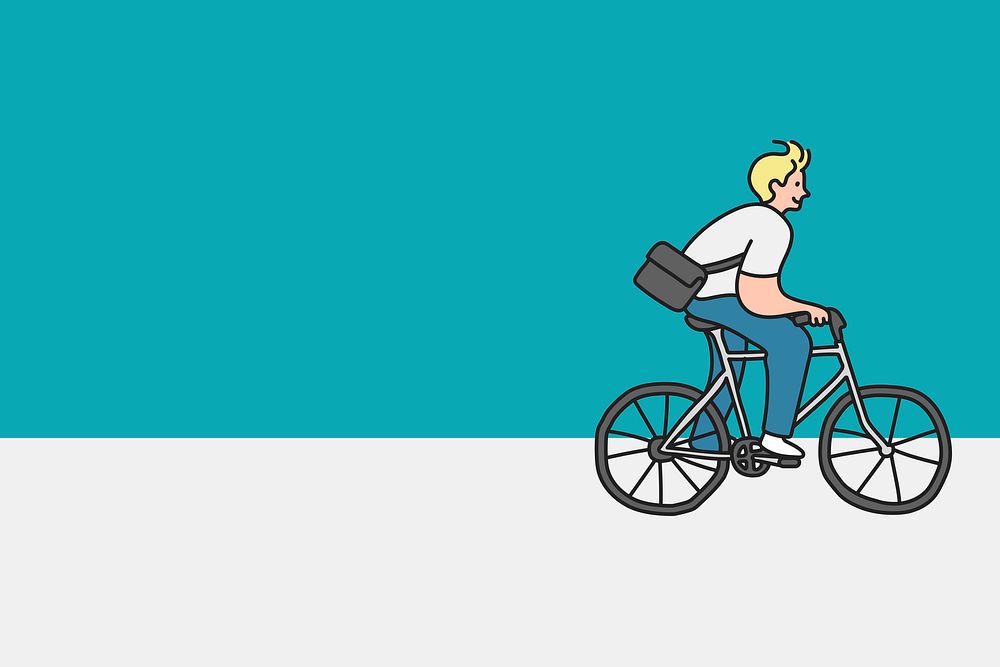 Blue sustainable lifestyle background, man riding bike to work cartoon psd
