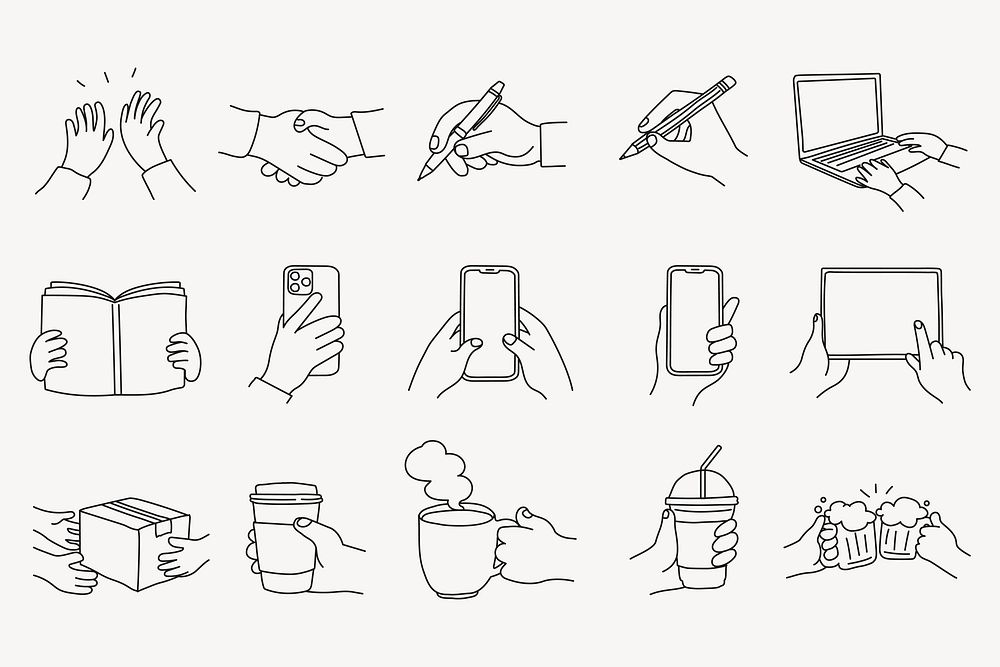 Hobbies, activities hand clipart, gesture line art doodle vector set