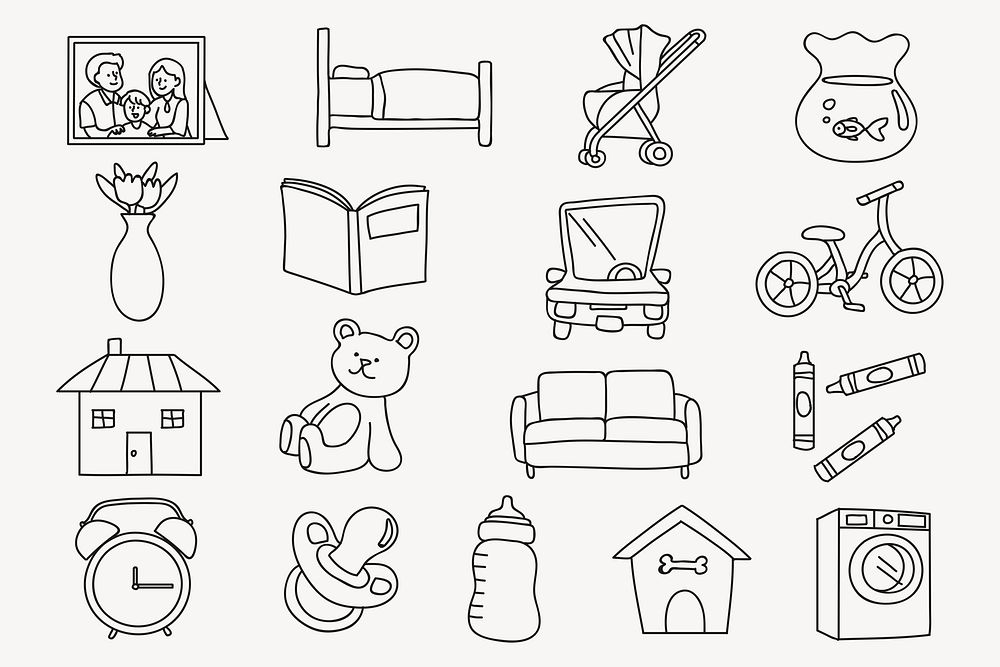 Home decor objects hand drawn collage element, furniture illustration psd set