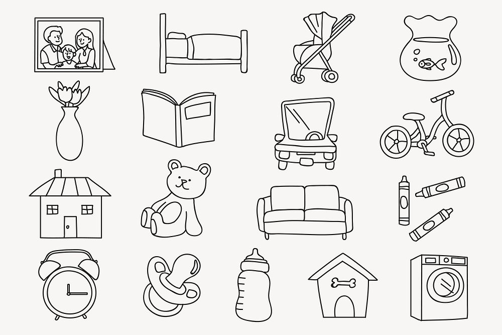Home decor objects doodle clipart, furniture illustration vector set