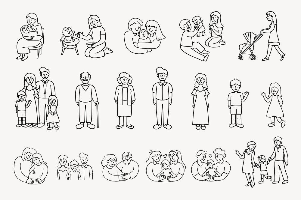 Family members hand drawn clipart set, loving and caring illustration psd
