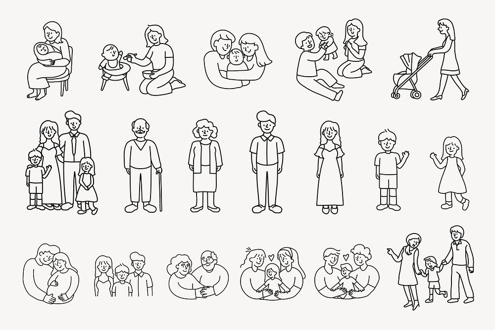 Family members doodle clipart set, loving and caring illustration vector