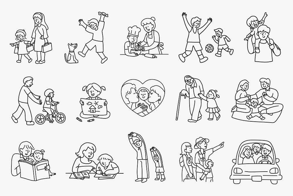 Family doodle clipart set, activity illustration vector
