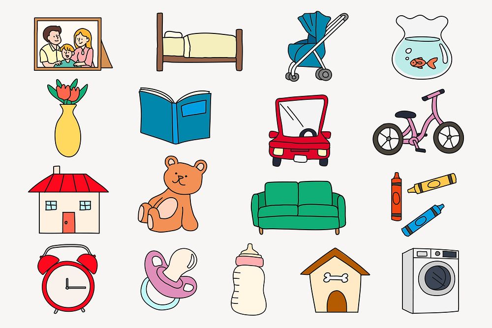 Home decor objects collage elements set, cartoon illustration vector