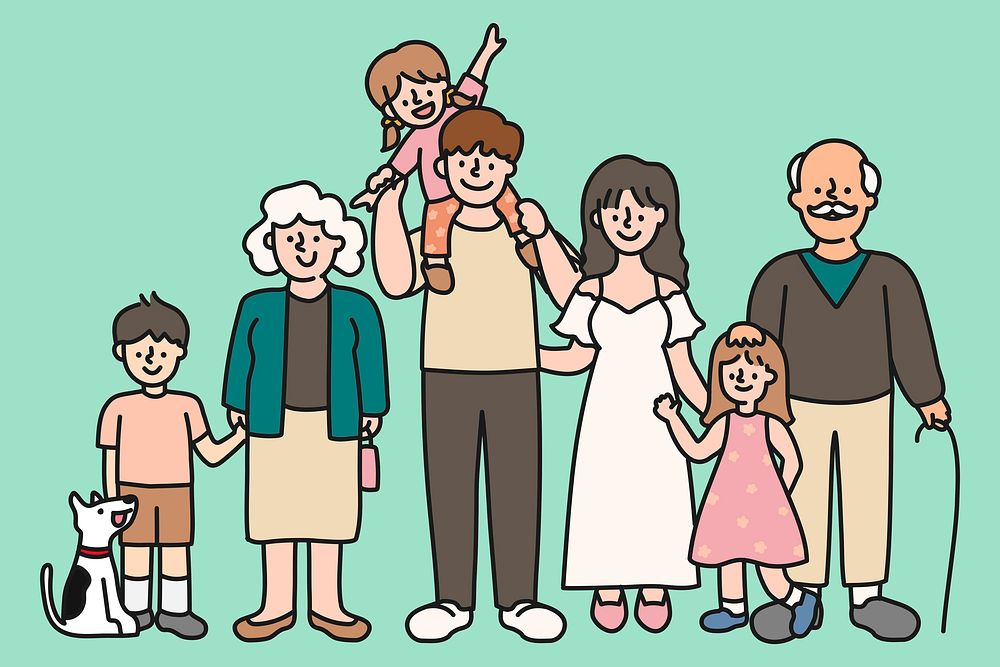 Big family and relatives cartoon illustration