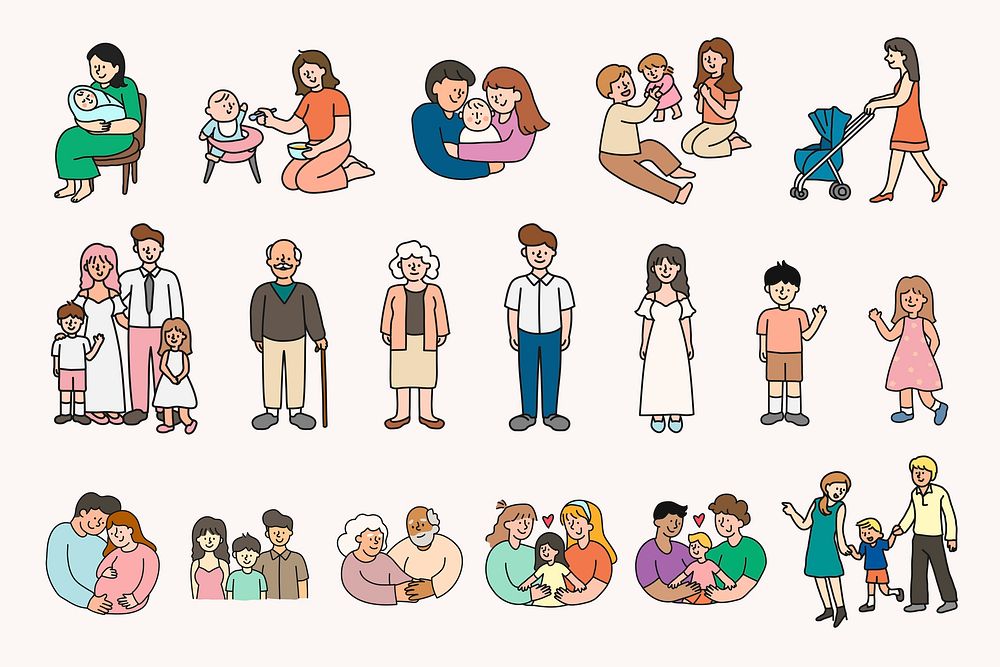Family members clipart set, people illustration psd